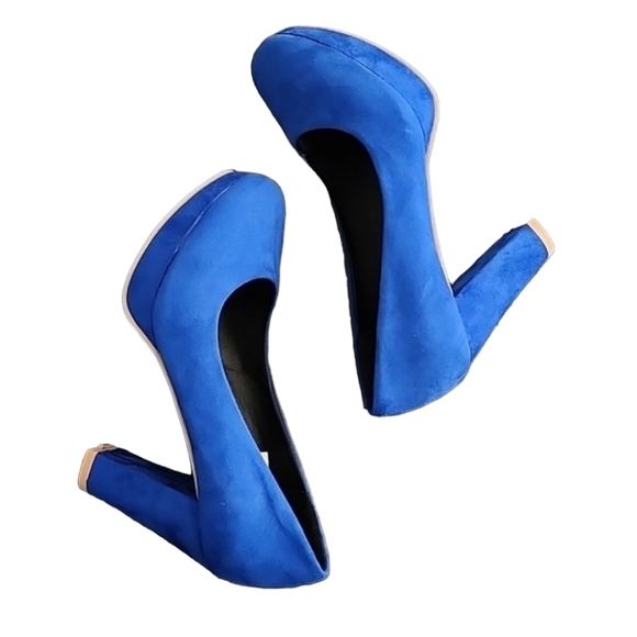 COBALT BLUE VEGAN SUEDE Platform Pumps 7.5 Heels Y2K Vibe Chunky Heel - Picture 10 of 16